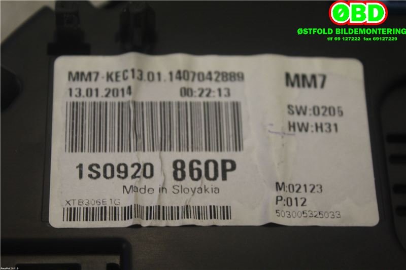 Instrumentpanel til VW E-Up 2013-2019 (VOLKSWAGEN|1S0 920 860 P||1S0920860P)