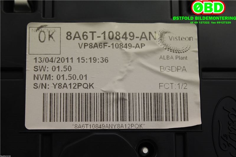 Instrumentpanel til Ford Fiesta 2008-2012 (Type VI, Fase 1)  (FORD|1786848||8A6T10849AN)