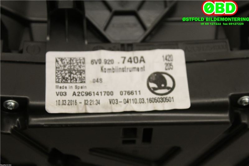 Instrumentpanel til Škoda Fabia 2014-2021 (Type III)  (Skoda|6V0 920 740 A||6V0920740A)