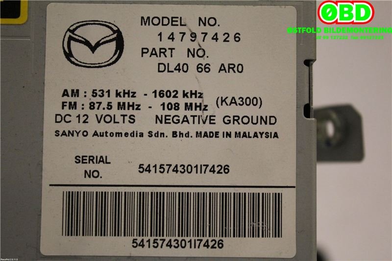Bilstereo til Mazda 2 2011-2014 (Type II, Fase 2) (MAZDA|DL4066AR0|)