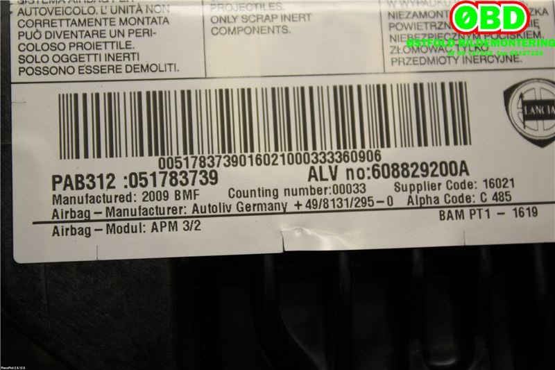 Airbag passasjer til Fiat 500 2008-2020  (FIAT|51783739|)