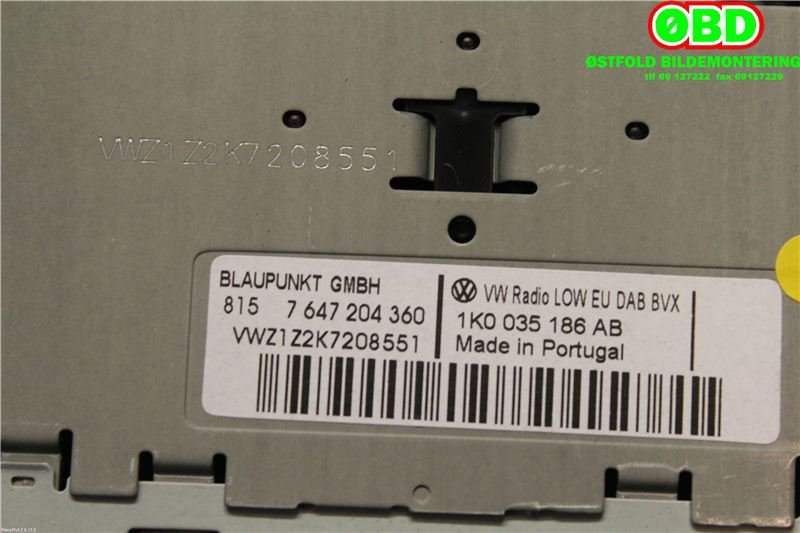 Bilstereo til VW Golf VI 2008-2012  (VOLKSWAGEN|1K0 057 187 BX||1K0035186AB)