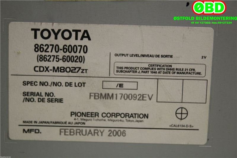 Bilstereo CD-veksler til Toyota Land Cruiser 120 2002-2009  (TOYOTA|8627560020||8627060070)