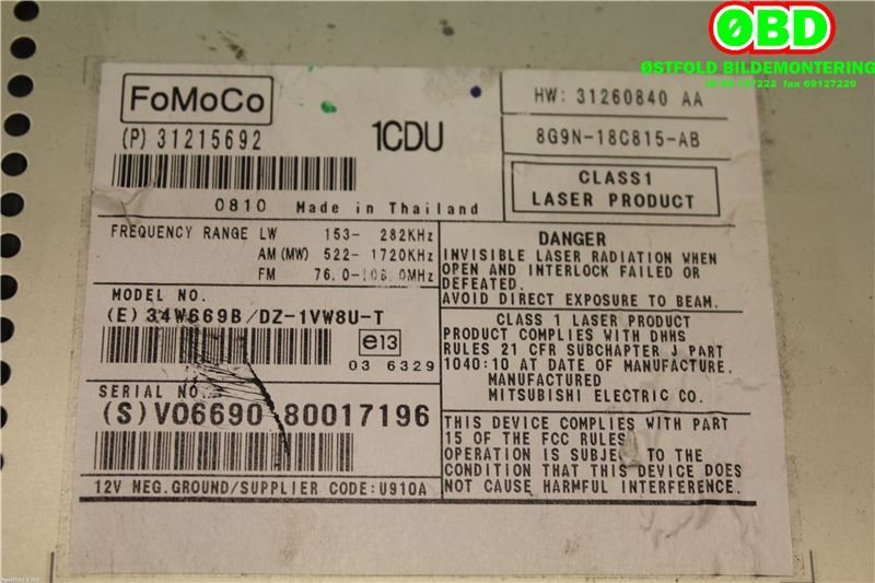 Bilstereo til Volvo XC60 2008-2013 (Type I, Fase 1)  (VOLVO||8G9N18C815AB|31215692)