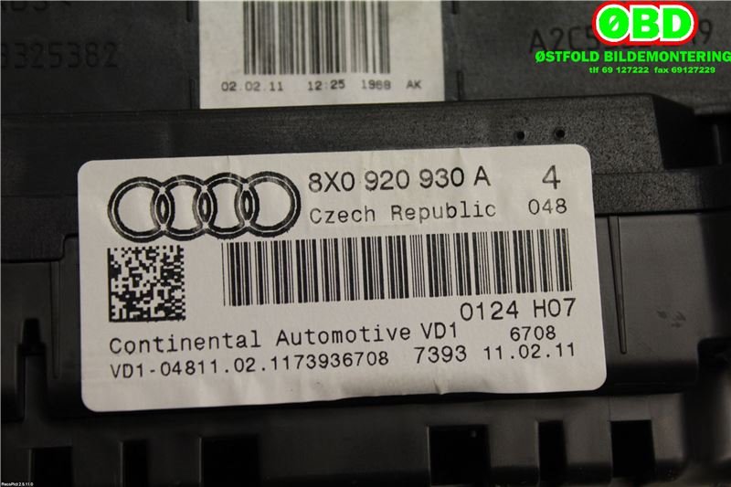Instrumentpanel til Audi A1 2010-2014 (Type I, Fase 1)  (AUDI|8X0920930A|)