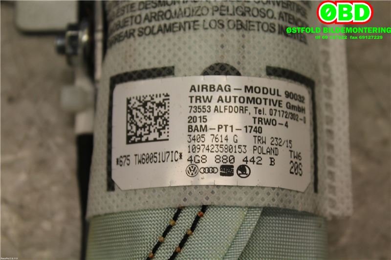 Airbag sidepute høyre til Audi A6 2014-2018 (Type IV, Fase 2) (C7) (C7) (Audi A6|4G8 880 442 B|4G8 880 442 C|4G8880442B)