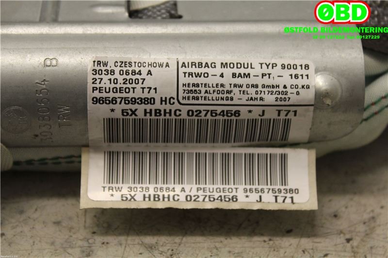 Airbag gardin høyre til Peugeot 308 2007-2011 (Type I, Fase 1)  (PEUGEOT|8335J9|8337CZ|9656759380)