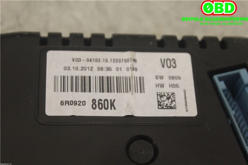 Instrumentpanel til VW Polo 2009-2014 (Type V, Fase 1)  (VOLKSWAGEN|6R0 920 860 K||6R0920860K)