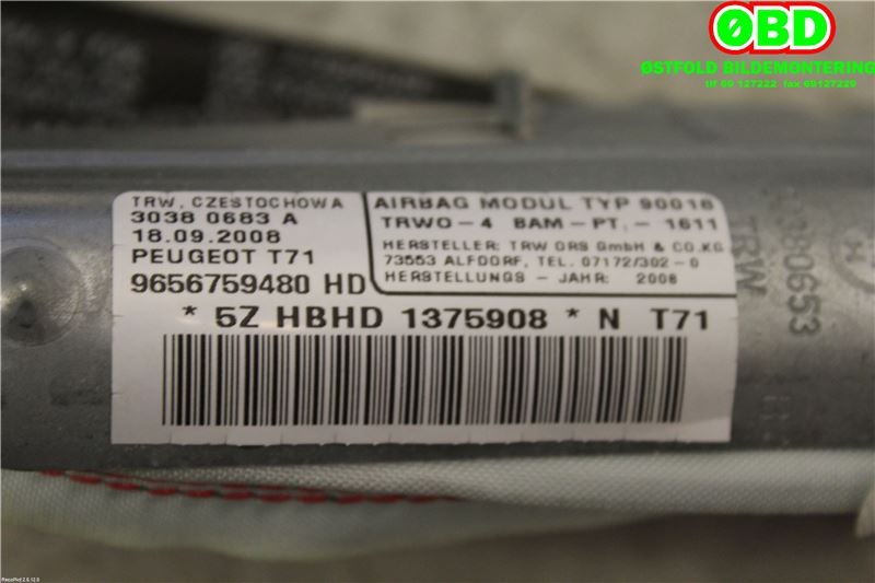 Airbag gardin venstre til Peugeot 308 2007-2011 (Type I, Fase 1) (PEUGEOT|8335K0|8337CY|9656759480)