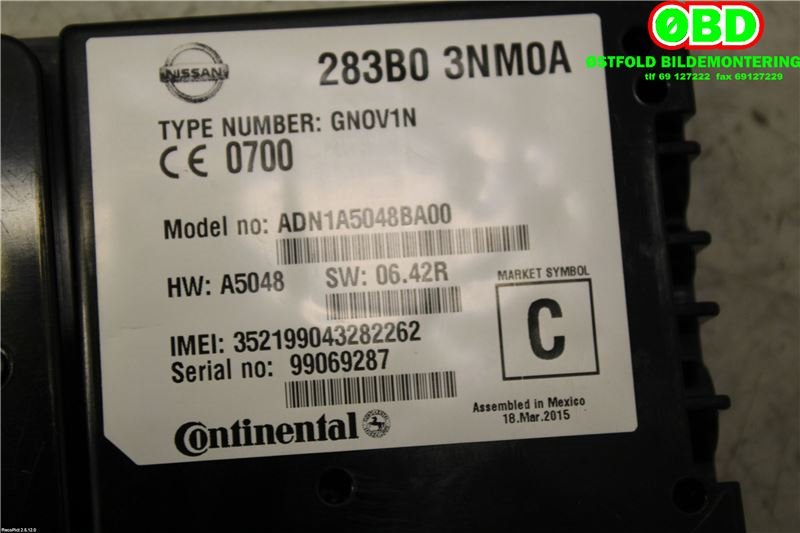 Dashbord telefon til Nissan Leaf 2011-2017 (Type I)  (NISSAN|283B03NM0A|)