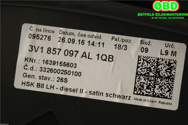 Hanskerom til Škoda Superb 2015-->> (Type III)  (SKODA|3V1 857 097 AL||3V1857097AL)