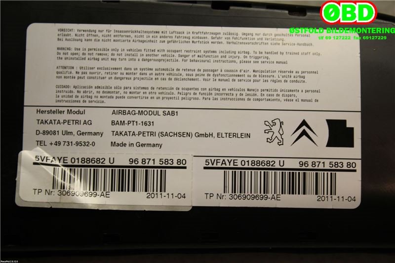 Airbag sidepute venstre til Citroën C4 2011-2017 (Type II)  (CITROEN|8217F7|9687158380)