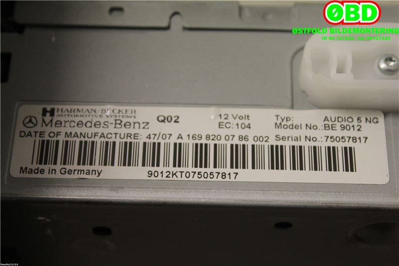 Bilstereo til Mercedes A-Klasse 2005-2012 (W169) (W169) (MERCEDES|A 169 820 07 86|A 169 820 08 86|1698200786)