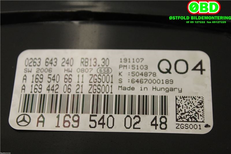 Instrumentpanel til Mercedes A-Klasse 2005-2012 (W169) (W169) (MERCEDES|A 169 540 02 48|A 169 440 02 11|1695400248)