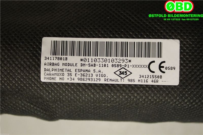Airbag sidepute høyre til Dacia Duster 2010-2017 (Type I)  (1.5 DCI K9K-898||985H11646R)