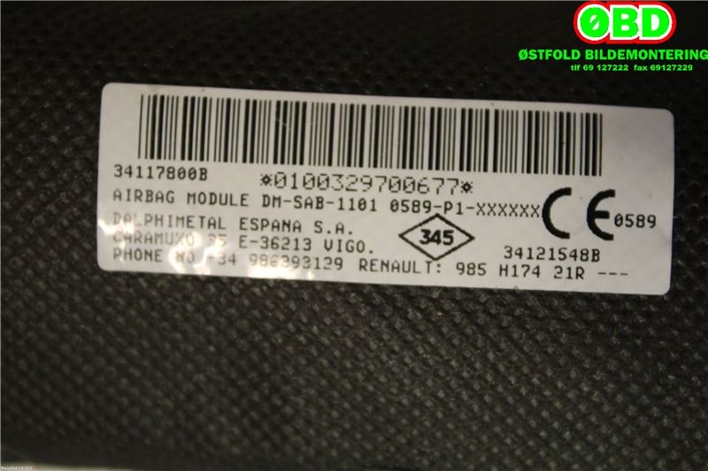 Airbag sidepute venstre til Dacia Duster 2010-2017 (Type I)  (1.5 DCI K9K-898||985H17421R)