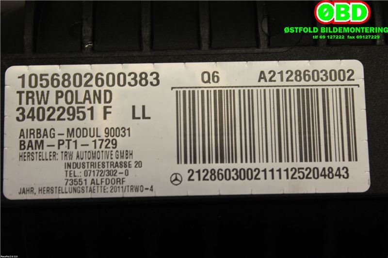 Airbag passasjer til Mercedes E-Klasse 2009-2013 (Fase 1) (W212) (W212) (MERCEDES|A 212 860 30 02||2128603002)