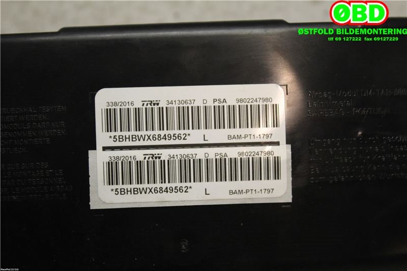 Airbag sidepute høyre til Peugeot 208 2012-2019 (Type I)  (PEUGEOT|9800546780||9802247980)