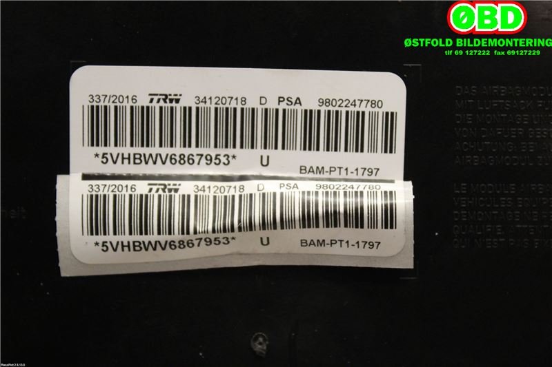 Airbag sidepute venstre til Peugeot 208 2012-2019 (Type I)  (PEUGEOT|9800546880||9802247780)