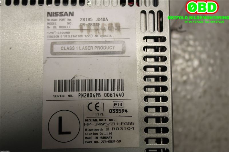 Bilstereo til Nissan Qashqai 2007-2010 (Type I, Fase 1)  (NISSAN|28185JD40A|)