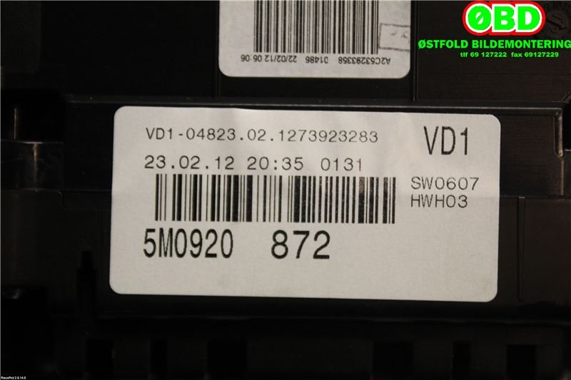 Instrumentpanel til VW Golf, Plus/Cross 2009-2013 (Fase 2)  (VOLKSWAGEN|5M0 920 872||5M0920872)