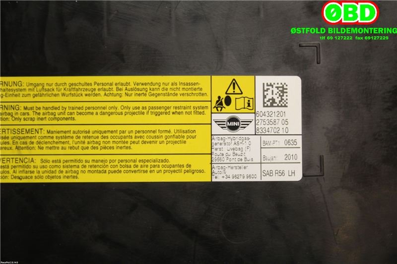 Airbag sidepute venstre til Mini One/Cooper 2007-2014 (R55-57) (R55-57) (MINI|52 10 2 753 587|)