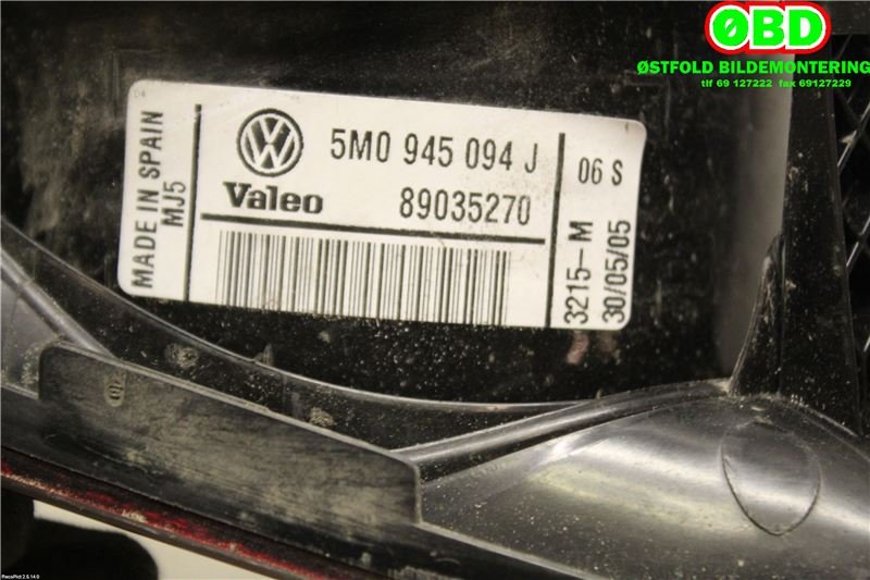 Baklykt høyre indre til VW Golf, Plus/Cross 2005-2009 (Fase 1)  (VOLKSWAGEN|5M0 945 094 S||5M0945094J)