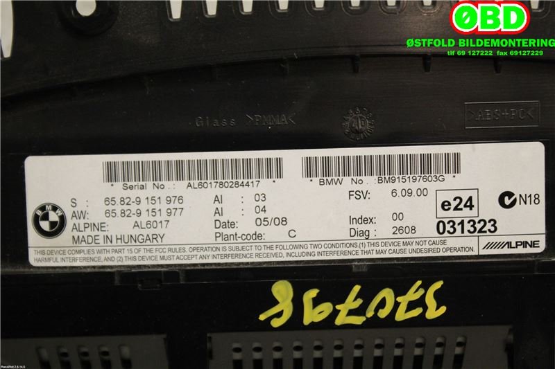 Instrument kjørecomputer til BMW 3-Serie 2005-2011 (E90/E91/E92/E93) (E90/E91/E92/E93) (BMW|65 82 9 193 758|)
