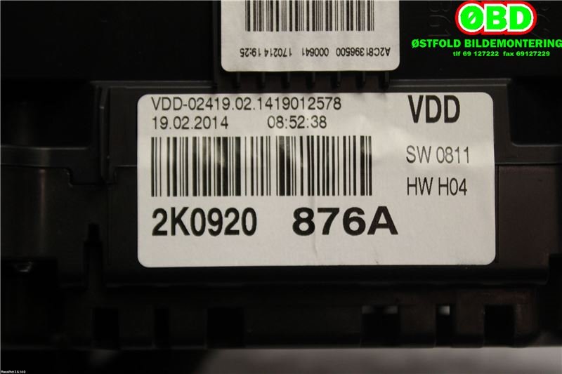 Instrumentpanel til VW Caddy 2010-2015 (Type III, Fase 2)  (VOLKSWAGEN|2K0 920 876 A||2K0920876A)