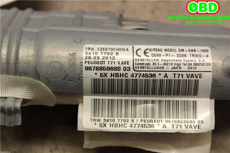 Airbag gardin høyre til Peugeot 308 2011-2013 (Type I, Fase 2) (PEUGEOT|8338U7||9676859680)