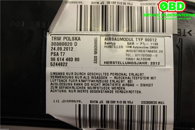 Airbag sidepute venstre til Peugeot 308 2011-2013 (Type I, Fase 2) (PEUGEOT|8216SG||9661448380)
