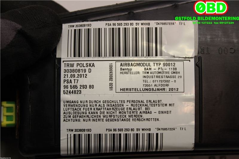 Airbag sidepute høyre til Peugeot 308 2011-2013 (Type I, Fase 2) (PEUGEOT|8216SF||9656529380)
