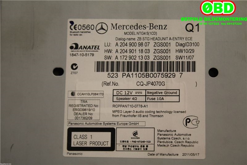 Bilstereo til Mercedes C-Klasse 2011-2014 (Fase 2) (W204) (W204) (MERCEDES|A 204 900 98 07|A 204 900 54 15|2049009807)