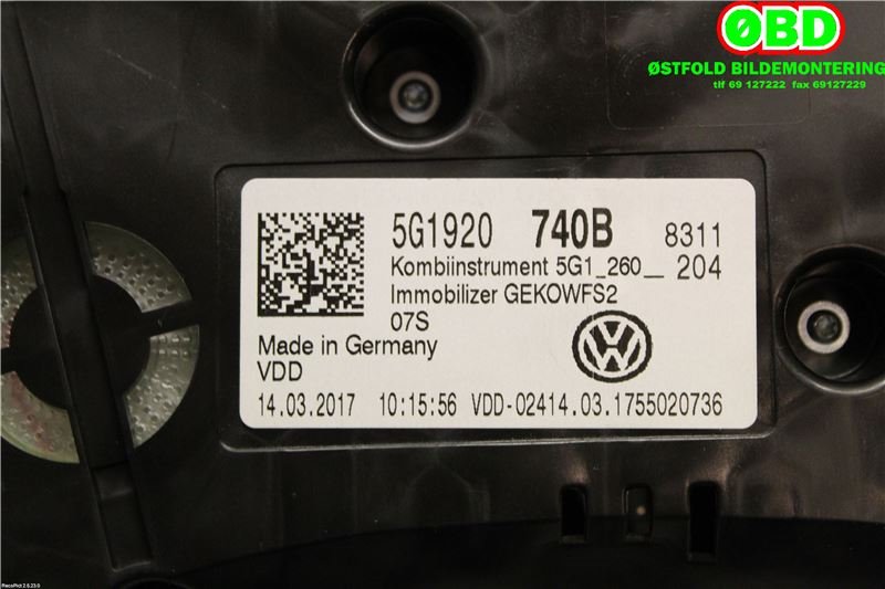 Instrumentpanel til VW Golf VII 2017-2020 (Fase 2)  (VW Golf Estate 1.0|5G1 920 740 B||5G1920740B)