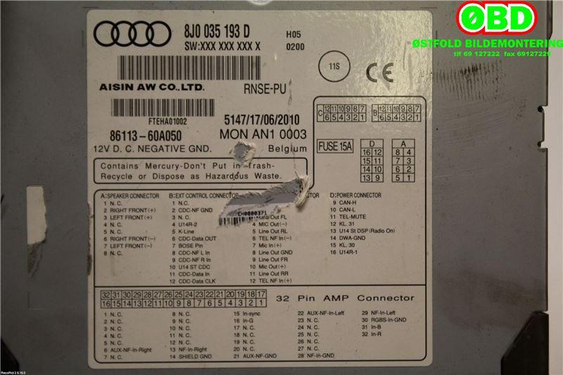 Bilstereo navigasjon til Audi TT 2006-2014 (Type II)  (AUDI TT COUPE QUATTRO|8J0 035 193 D||8J0035193D)