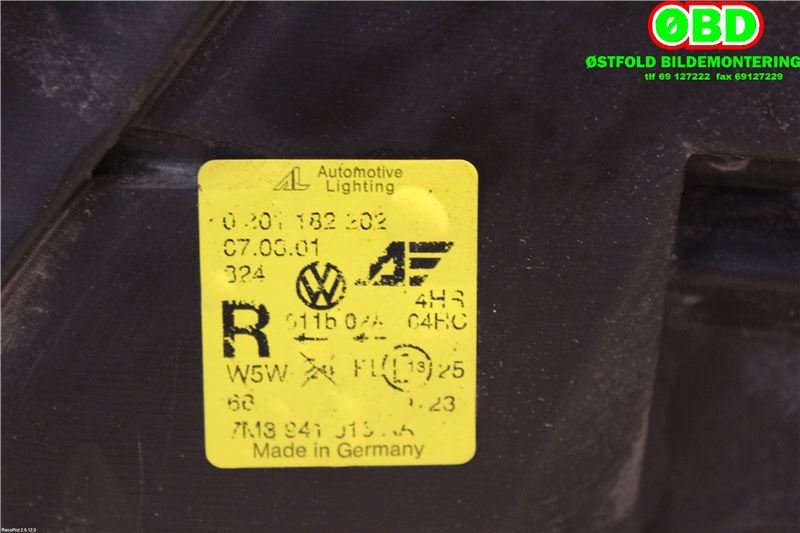Frontlykt høyre halogen til VW Sharan 2000-2010 (Type I, Fase 2) (VOLKSWAGEN|7M3 941 016 AD|7M3 941 016 AH|7M3941016AA)