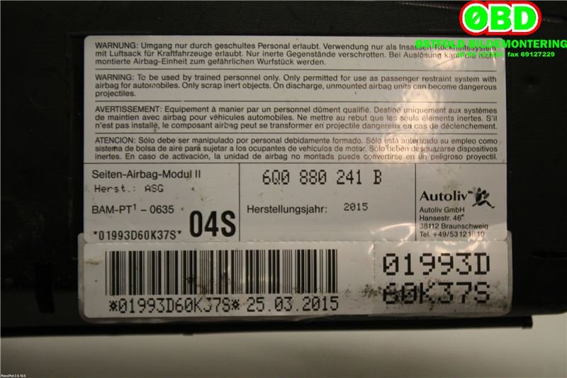 Airbag sidepute venstre til VW Polo 2014-2017 (Type V, Fase 2)  (VOLKSWAGEN|6Q0 880 241 B||6Q0880241B)
