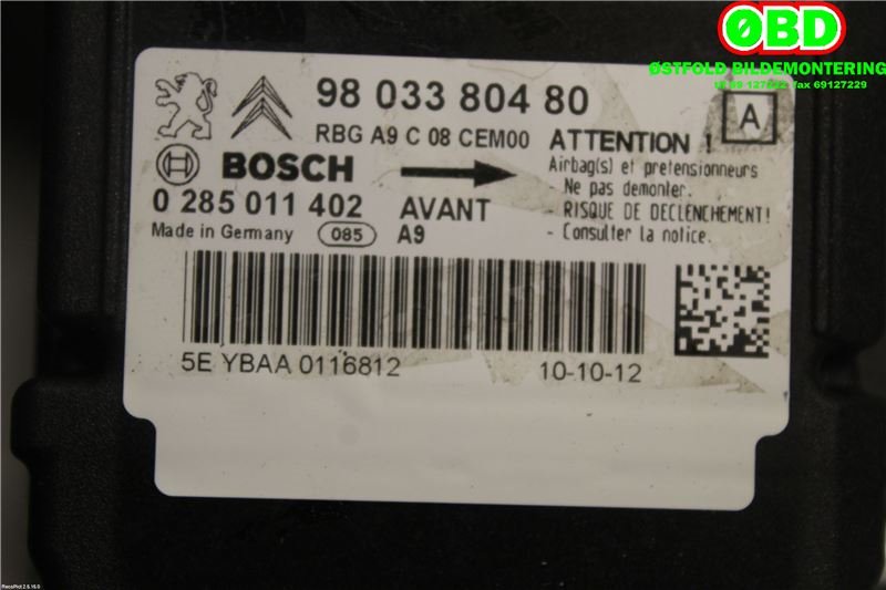 Airbag elektronikk til Peugeot 208 2012-2019 (Type I) (PEUGEOT|9803380480|)