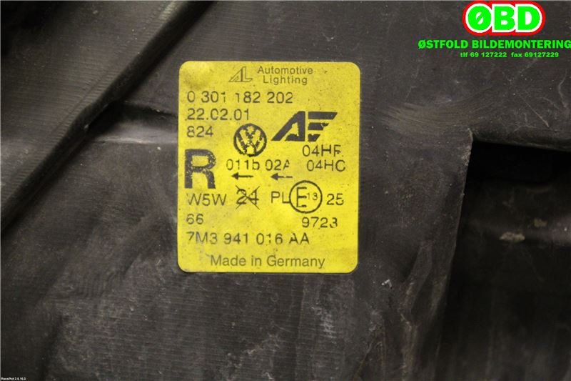 Frontlykt høyre halogen til VW Sharan 2000-2010 (Type I, Fase 2) (VOLKSWAGEN|7M3 941 016 AD|7M3 941 016 AH|7M3941016AA)