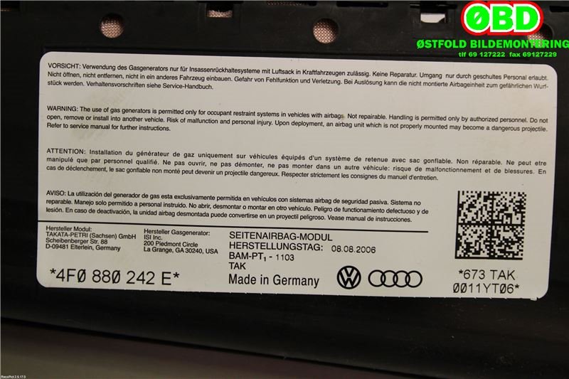 Airbag sidepute høyre til Audi A6, Allroad 2006-2008 (Type II, Fase 1) (C6) (C6) (AUDI|4F0 880 242 G||4F0880242E)