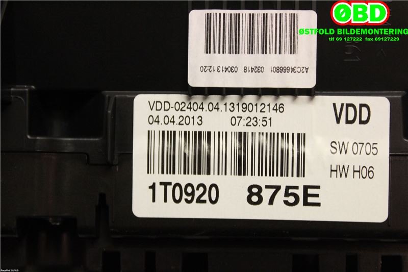 Instrumentpanel til VW Touran 2010-2015 (Type I, Fase 3)  (VOLKSWAGEN|1T0 920 875 E||1T0920875E)