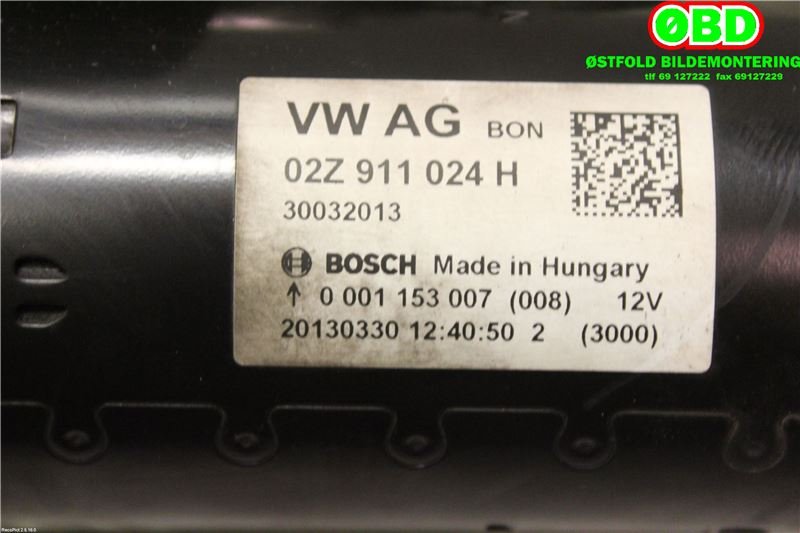 Starter diesel til VW Touran 2010-2015 (Type I, Fase 3)  (VOLKSWAGEN|02Z 911 024 H||02Z911024H)