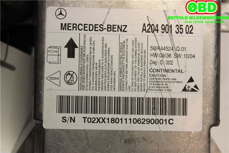 Airbag elektronikk til Mercedes C-Klasse 2011-2014 (Fase 2) (W204) (W204) (MERCEDES|A 204 901 35 02|A 204 901 27 04|2049013502)
