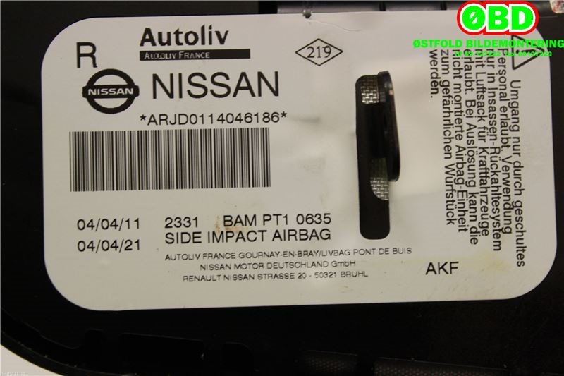 Airbag sidepute høyre til Nissan Qashqai 2010-2014 (Type I, Fase 2) (NISSAN|)
