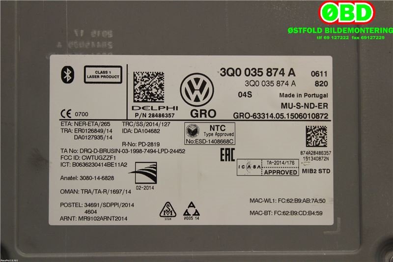 Bilstereo navigasjon til VW Passat 2015-2019 (Fase 1) (B8) (B8) (VOLKSWAGEN|3Q0 035 874 A||3Q0035874A)
