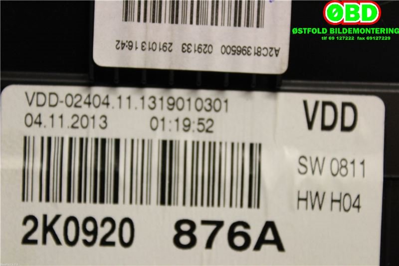 Instrumentpanel til VW Caddy 2010-2015 (Type III, Fase 2)  (VOLKSWAGEN|2K0 920 876 A||2K0920876A)