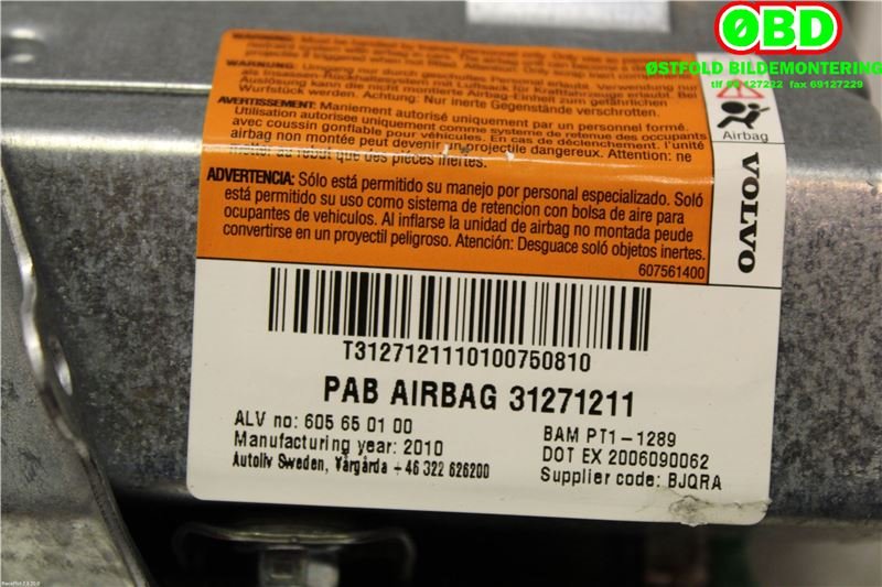 Airbag passasjer til Volvo V70 2007-2013 (Type III, Fase 1)  (VOLVO|31271211|)