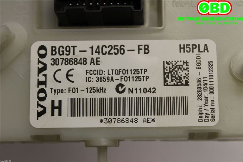 Sikringsboks til Volvo V60 2010-2013 (Type I, Fase 1)  (VOLVO||BG9T14C256FB|30786848AE)