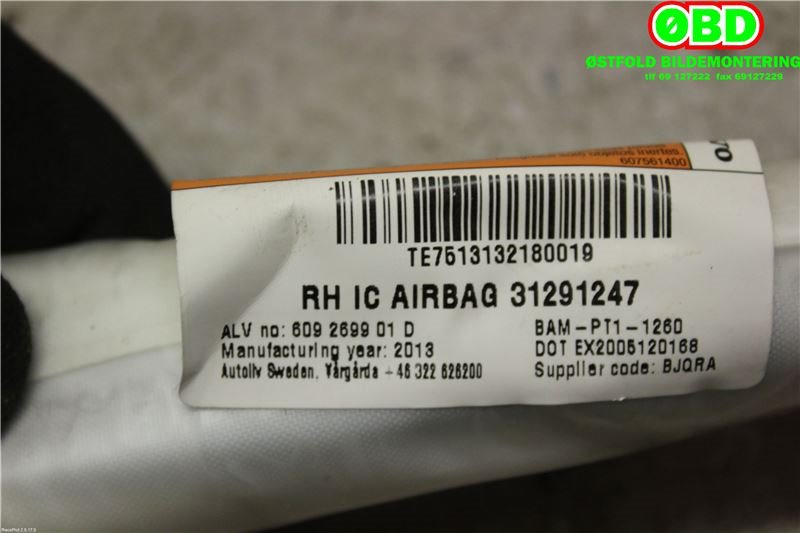 Airbag gardin høyre til Volvo S80 2014-2016 (Type II, Fase 2)  (VOLVO|31291247|)
