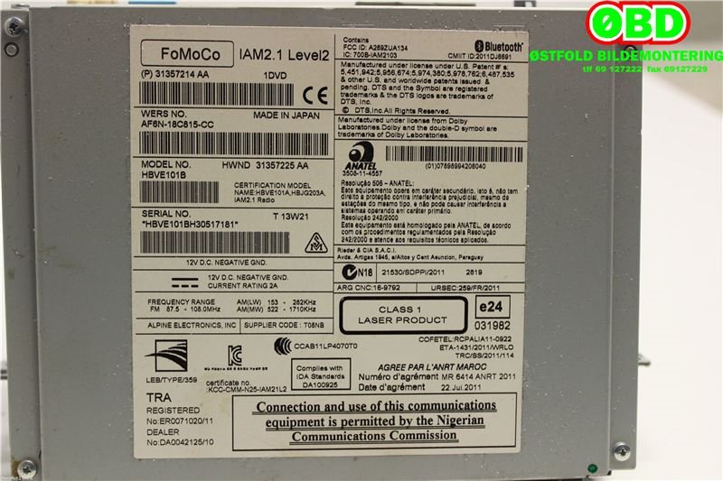 Bilstereo til Volvo S80 2014-2016 (Type II, Fase 2)  (VOLVO|36050606|AF6N18C815CC|31357214AA)